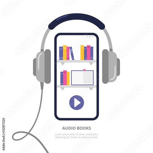 Concept with a mobile phone and headphones. Digital library with audiobooks, podcasts, and courses. Vector illustration in a modern flat style.
