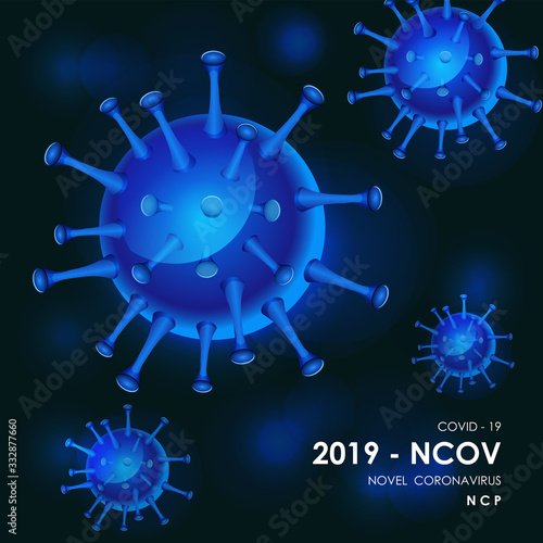 Blue virus cells. Viruses in infected organism, viral disease epidemic. Corona, influenza viruses.  Immunology, virology, epidemiology concept. Vector illustration.