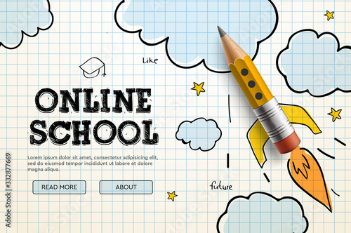 Online School. Digital internet tutorials and courses, online education, e-learning. Web banner template for website, landing page and mobile app development. Doodle style vector illustration