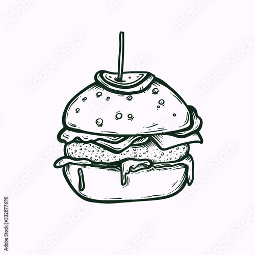 burger isolated hand drawn illustration. fast food clipart element, cheeseburger, hamburger. tasty,greasy junk food , unhealthy diet.