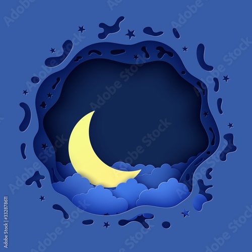 Night sky in round shape and crescent in paper cut style. 3d background with blue cloudy landscape with moon papercut art. Cute origami clouds. Vector card for wish good night sweet dreams.