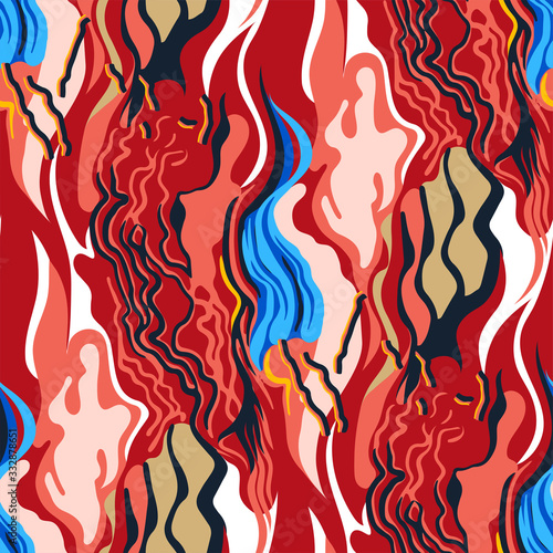 Abstract pattern of red, white and blue shapeless wavy structures