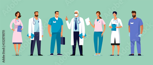 Set of male and female characters of doctors. Surgeons, doctors, nurses. Conceptual illustration, hospital medical team, poster. Vector template for design photo