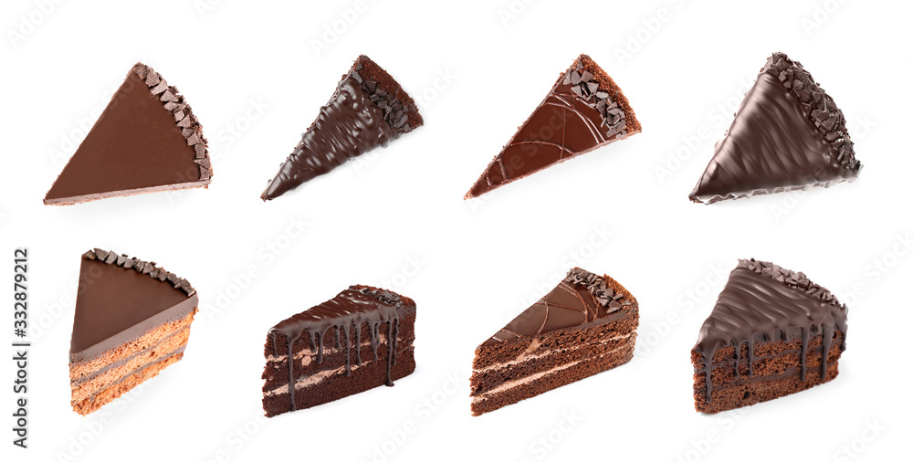 Set with different chocolate cake pieces on white background