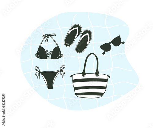 Set of beach cute items, separate swimsuit, hat, bag, slippers, sunglasses, isolated vector. 