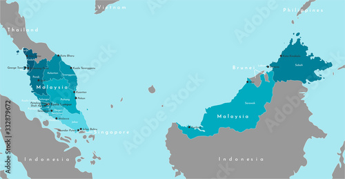 Vector modern illustration. Blue simplified administrative map of Malaysia. Neighboring countries in grey color. Blue background of seas. Names of big malaysian cities and states photo