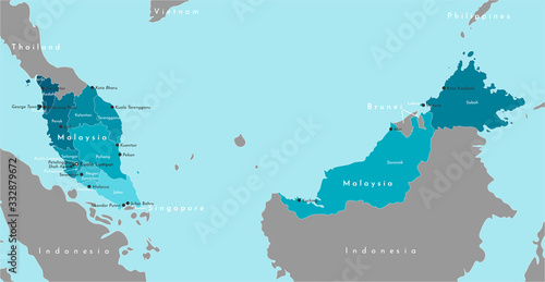Vector modern illustration. Blue simplified administrative map of Malaysia. Neighboring countries in grey color. Blue background of seas. Names of big malaysian cities and states