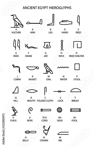 Ancient mystic egyptian symbols. Vector isolated editable black icons on white background. Egyptian paganism. Ancient egyptian religion. Hieroglyph. Magic amulets. Mystic Talisman. photo