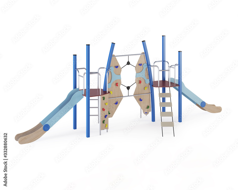 Modern children's game complex on a white background. Gaming equipment with a slide, stairs and towers for placement in the courtyards. Close-up. Clipping path included. 3D rendering. Modern children's game complex on a white background. Gaming equipment with a slide, stairs and towers for placement in the courtyards. Close-up. Clipping path included. 3D rendering.
