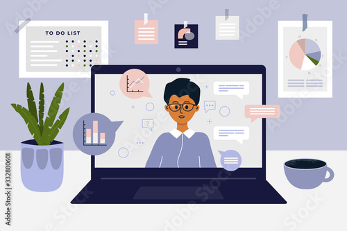 Stay and work from home. Comfy workplace, laptop, man working online. Web communication. Video business conference with data analysis, chart. Coronavirus, quarantine or isolation. Vector illustration.