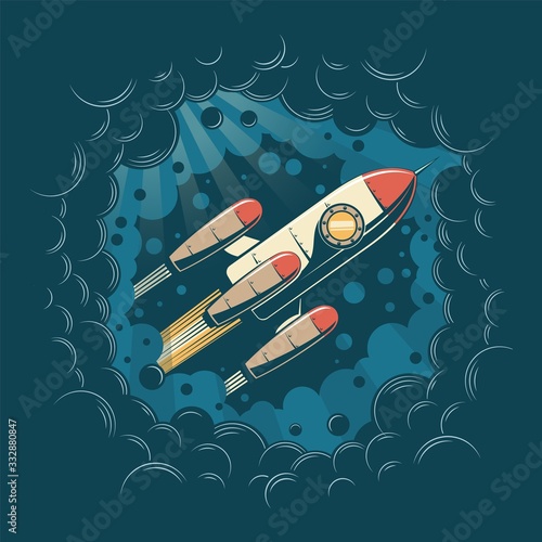 Space rocket flying through a black hole - retro poster. Rocketship in the galactic nebula - vintage vector illustration.