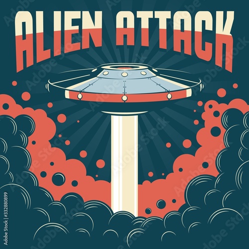 Flying saucer vintage poster. Alien space ship attack. Vector retro illustration.