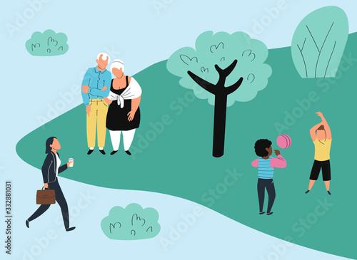 City park where people relax, train and walk dogs concept and vector illustration, isolated on white background. Old people, man, woman, kid, runners, dog in outdoor park. Flat style.