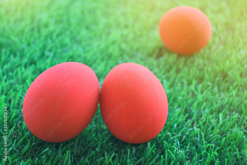 red easter egg on lawn green grass artificial, image of morning springtime concept red easter egg on lawn green grass artificial, image of morning springtime concept