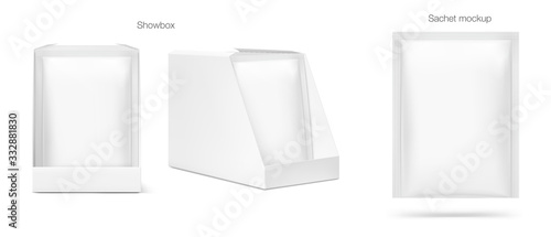 Set of blank sachet packaging in the show box mockup for food, cosmetic and hygiene. Vector illustration on white background. Ready for your design. EPS10.	