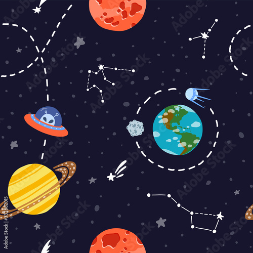 Planet pattern with constellations and stars. 