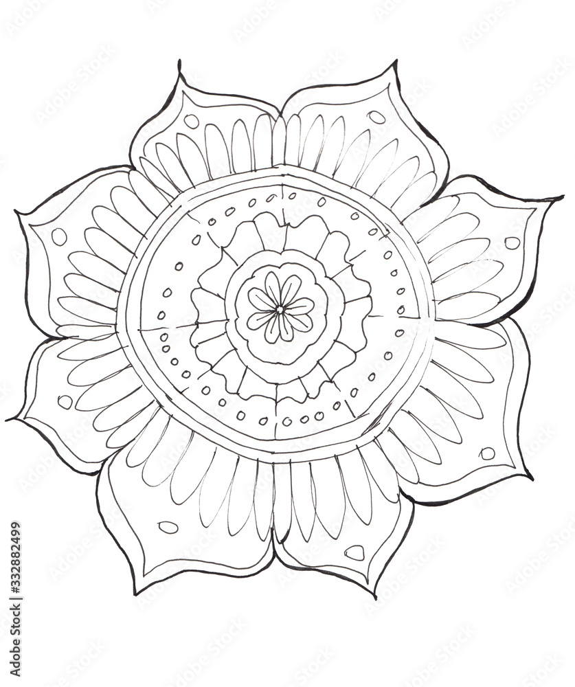 Mandala in line art style on white background. Doodle style.