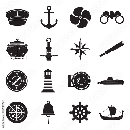 Sailor Icons. Black Flat Design. Vector Illustration.