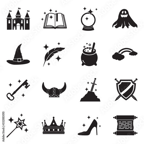 Fairy Tale Icons. Black Flat Design. Vector Illustration.
