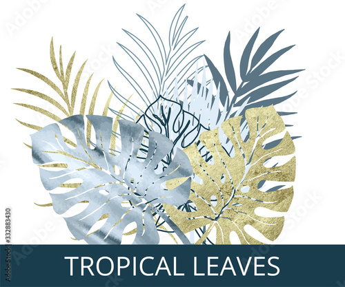 Vector color set blue watercolor and gold texture palm exotics and monstera leaves. Vector modern illustration on white.