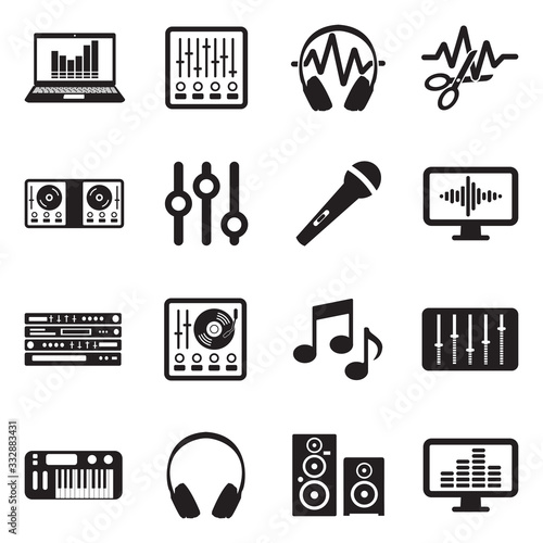 Music Production Icons. Black Flat Design. Vector Illustration.