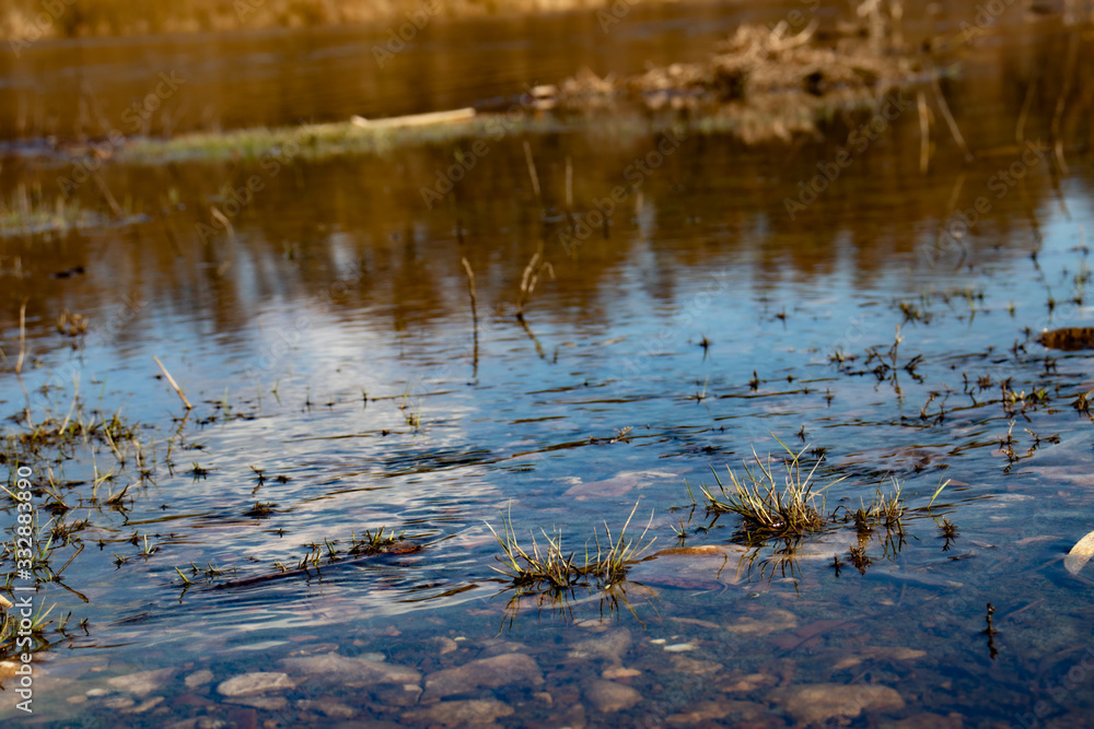 River landscape with blue sky reflection in the water River landscape with blue sky reflection in the water