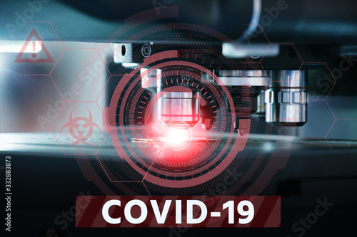 Microscope in the laboratory for the detection of coronavirus. Infographics