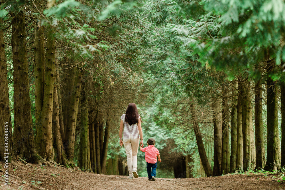 Backview of Mother walking with cute son in summer park. Happy woman with cheerful little boy outdoors Backview of Mother walking with cute son in summer park. Happy woman with cheerful little boy outdoors