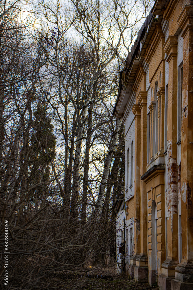 Old abandoned Russian mansion in the outback - 19th century architecture, yellow facade Old abandoned Russian mansion in the outback - 19th century architecture, yellow facade