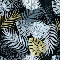 Wandcirkels Blauw goud patronen Aquarel monstera bladeren marineblauw goud  © Анна Комелева