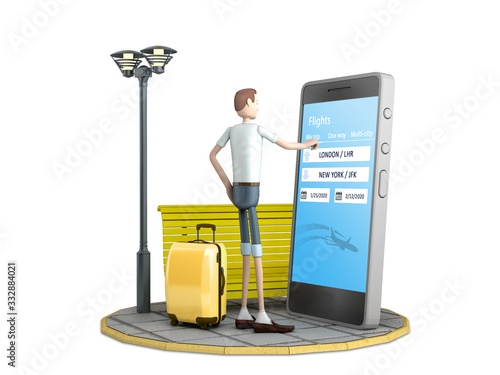 travel concept cartoon man with a suitcase stands next to a smartphone with a ticket booking window on the screen 3d render on white