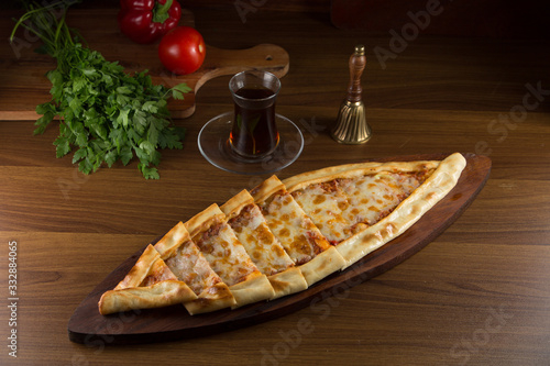 Turkish traditional pita pide cheese and meat pide with cheese turkish cuisine