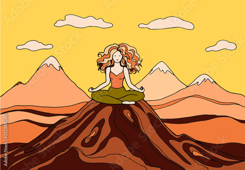 Relax in nature. Classes of yoga and meditation in the mountains. Bright vector illustration.