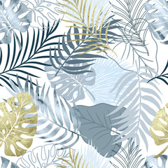 Sierkussen Tropische bladerprint patronen Blauwe aquarel monstera met goud  © Анна Комелева