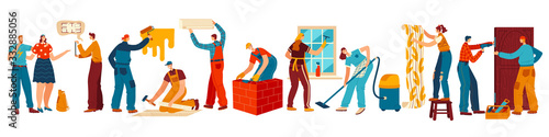 People renovating house, repair and maintenance service, vector illustration. Men and women repairing house, painting walls and cleaning floor. Builders and repairmen at work, cartoon characters