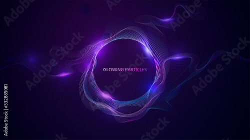Blue and Purple Wavy Particle Surface on Black Background. Abstract Technology or Science Banner. Vector Illustration