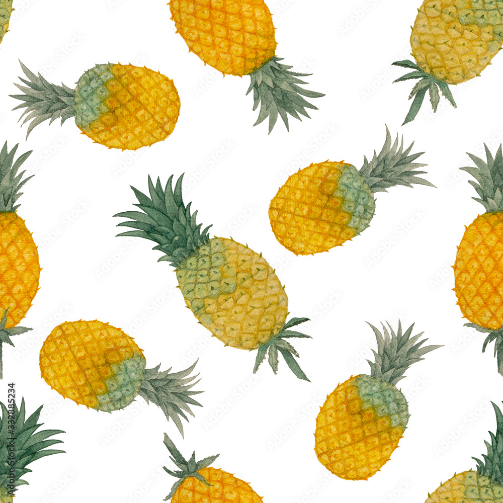 Yellow and green Pineapple fruits illustration seamless pattern, watercolor painting, die cut isolated with clipping path on white background, element for fabric textile printed and wallpaper texture Yellow and green Pineapple fruits illustration seamless pattern, watercolor painting, die cut isolated with clipping path on white background, element for fabric textile printed and wallpaper texture