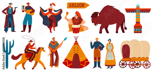 Wild West, native Americans and cowboys, set of isolated icons, vector illustration. Culture of American Indians, teepee tent and buffalo. People of Wild West, sheriff and bandit, peasant couple