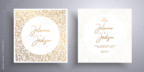 Vector golden frame of leaves and blooming plants. Botanical cards templates. Beautiful layout that can be used for design cover, wedding invitation, greeting cards, brochure and etc