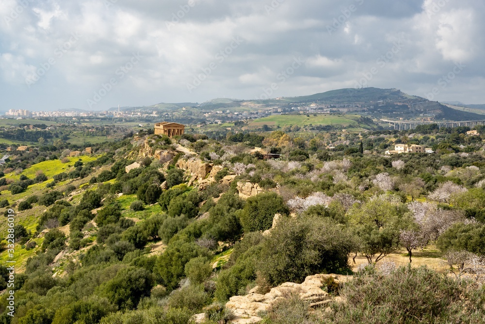 The Sicilian landscape with the Tempio della Concordia in Valley of the Temples near Agrigento