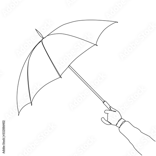 Hand holding umbrella line drawing on white isolated background. Vector illustration 