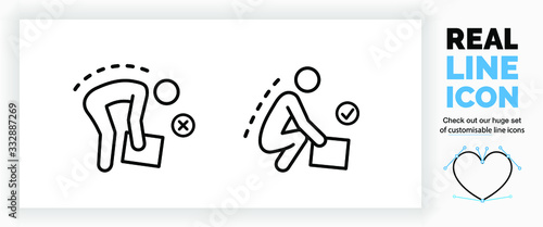 Editable real line icon of a stick figure person doing heavy lifting with a correct and incorrect posture picking up a big box in modern black lines on a clean white background as a EPS vector file