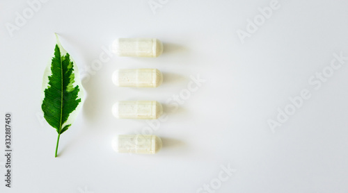 Probiotic supplement in capsules and plant leaf on white background with copy space  above. Concept alternative medicine