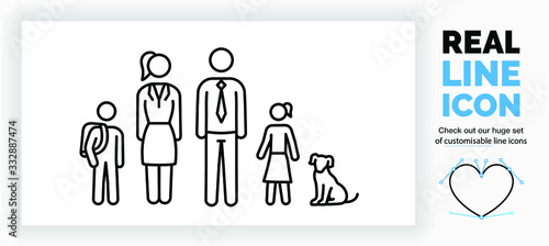 Editable real line icon of stick figure family with a son and his school bag and a working mom and dad in a suit with a tie and a daughter in a skirt with the pet dog sitting in black clean eps lines
