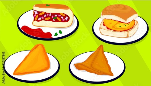 Dabeli,Vada pav,Samosa,Bread Pakoda indian Street Food Vector