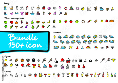 Icon draw by hand of the theme baby, fruits and vegetables, weather, sports and drinks