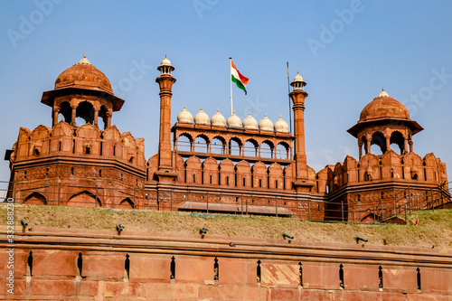 Main entrance of Red Fort building.The Red Fort is a historic fort in the city of Delhi in India. Locate on New Delhi city center with large of red wall made from stone