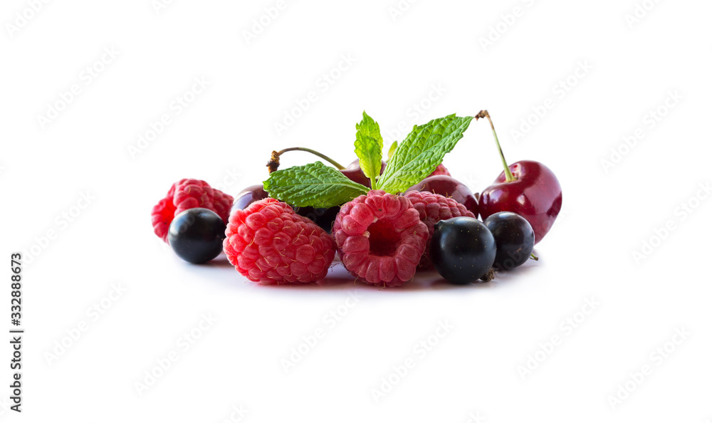 Fruits, berries isolated on white background. Fruits and berries with copy space for text. Blackcurrant, cherry, raspberry. Mixed berries and fruits isolated on white background. Berries close-up. Fruits, berries isolated on white background. Fruits and berries with copy space for text. Blackcurrant, cherry, raspberry. Mixed berries and fruits isolated on white background. Berries close-up.
