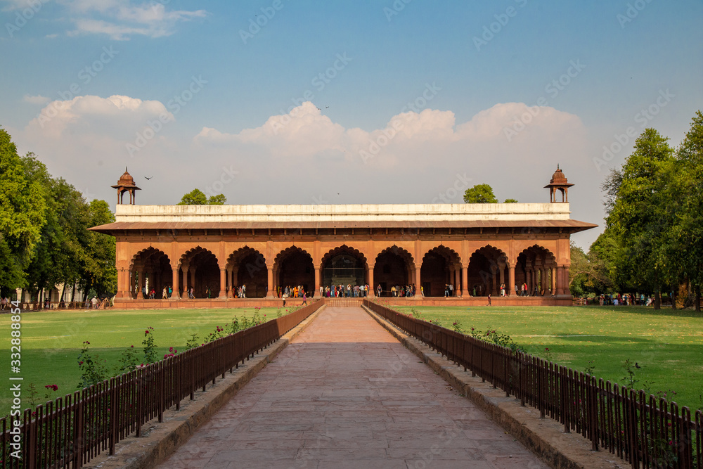 Main entrance of Red Fort building.The Red Fort is a historic fort in the city of Delhi in India. Locate on New Delhi city center with large of red wall made from stone