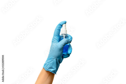 Hand in medical glove with sanitizer spray on white background.